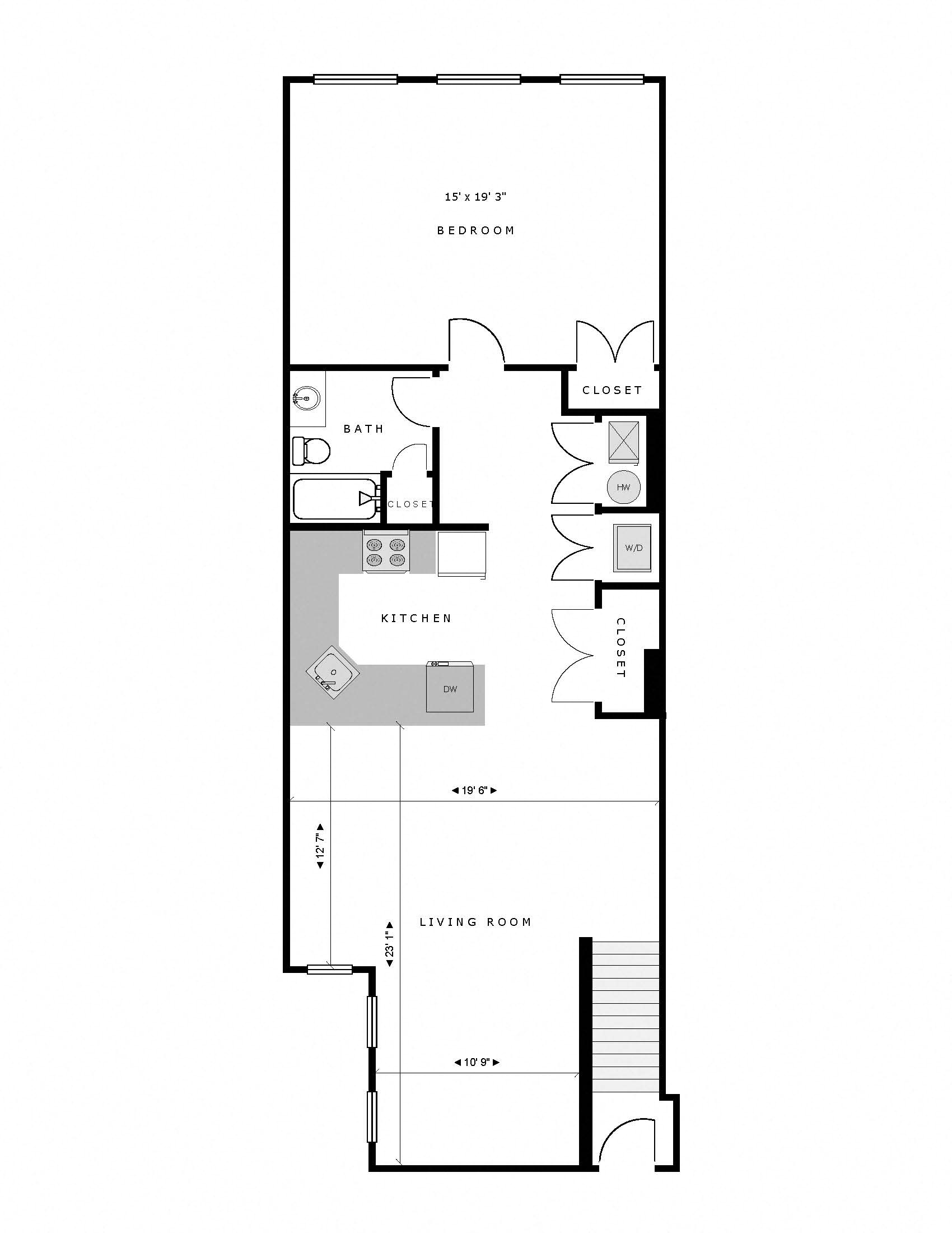 Floor plan for 1 bed, 1 bath, 1063 sqft